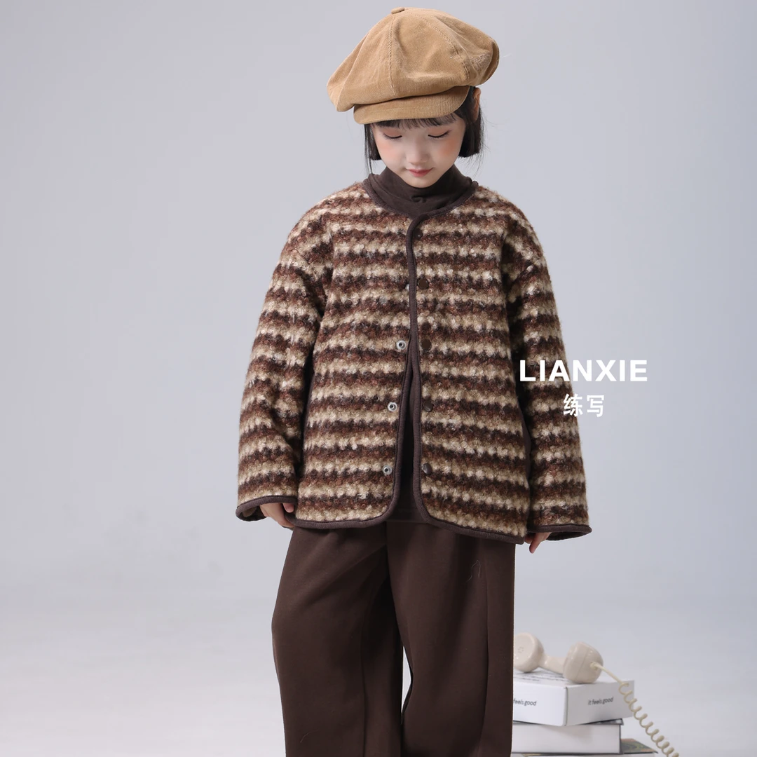 毛呢里兔毛圆领加绒加厚款小香风休闲风女童纯色短外套复古