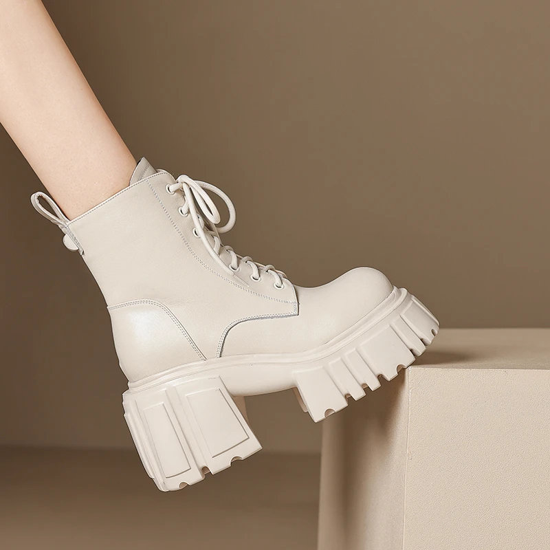 10厘米厚底高跟真皮系带短靴女小个子增高粗跟马丁靴洋气白色靴子