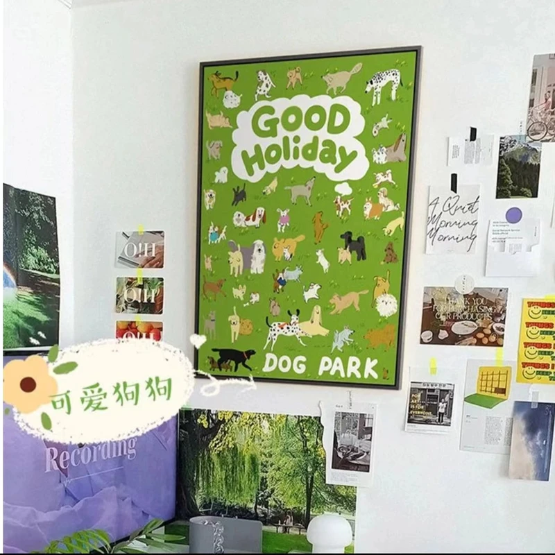 简约北欧ins治愈小众艺术装饰画dogpark水彩狗狗客厅墙壁挂画4060
