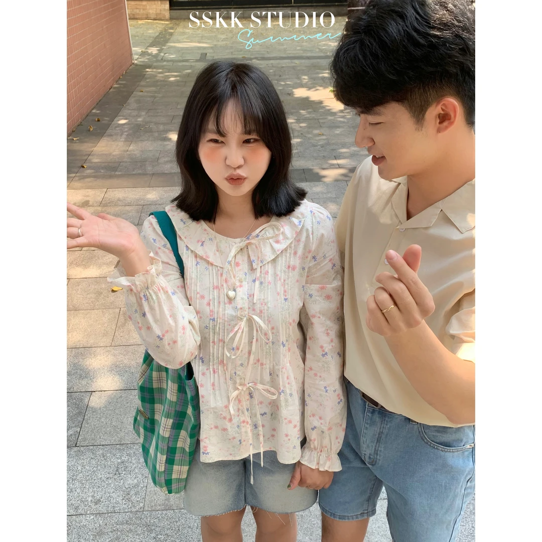 KMZY/KMZY山_山【高智欧尼】微胖mm韩风荷叶领油画少女春季宽松衬衫