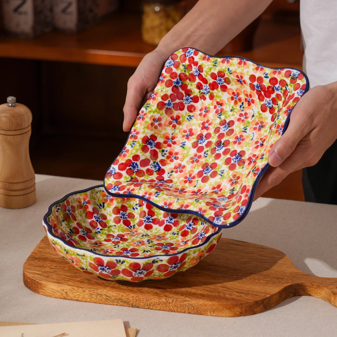 [美森专属]（一圆一方）手绘碧丝粉黛系列-8英寸波浪汤盘/四方汤盘