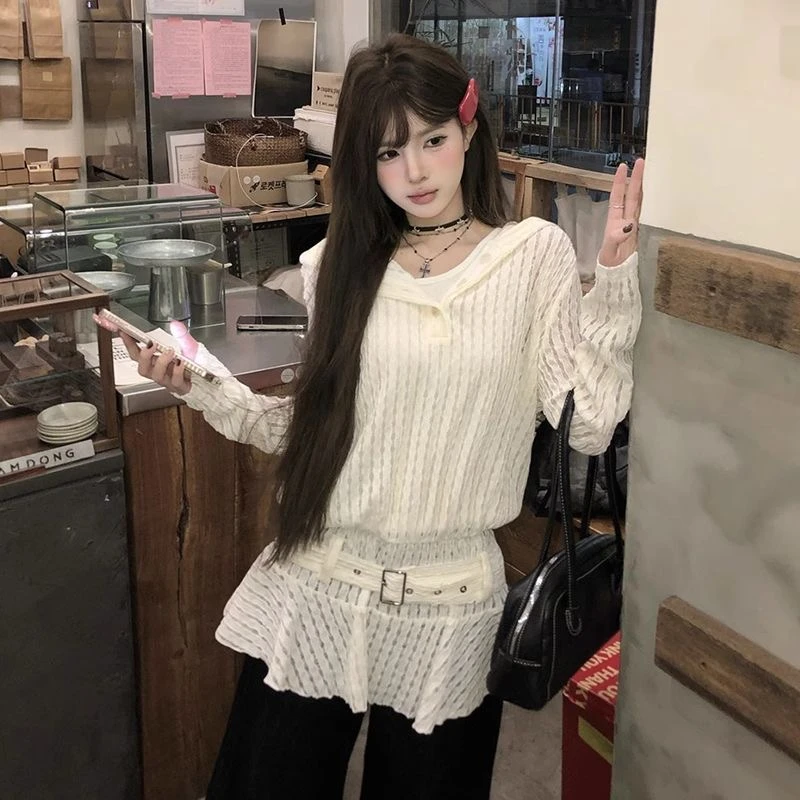 2025秋季新款连帽镂空长袖设计感小众荷叶边收腰