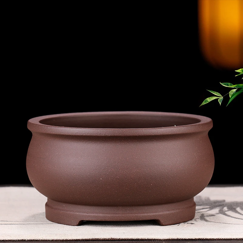 宜兴紫砂花盆古典中国风圆形简约盆景多肉老桩文竹榆树盆黄杨包邮