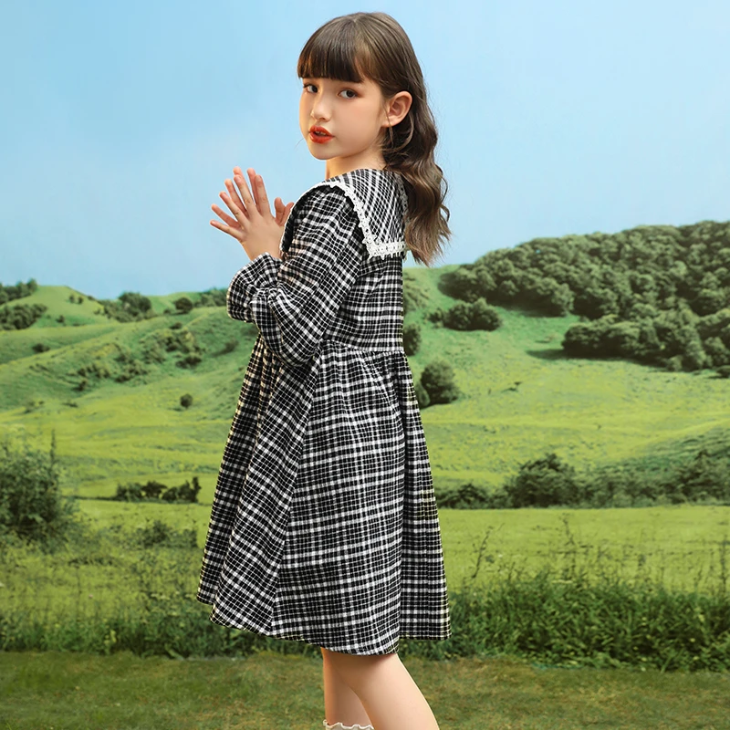 0064女童连衣裙2022新款洋气春装格子儿童裙子春秋款女大童