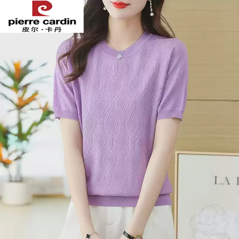 皮尔卡丹冰丝短袖t恤女新款年轻妈妈夏装时尚遮肚半袖上衣薄款针