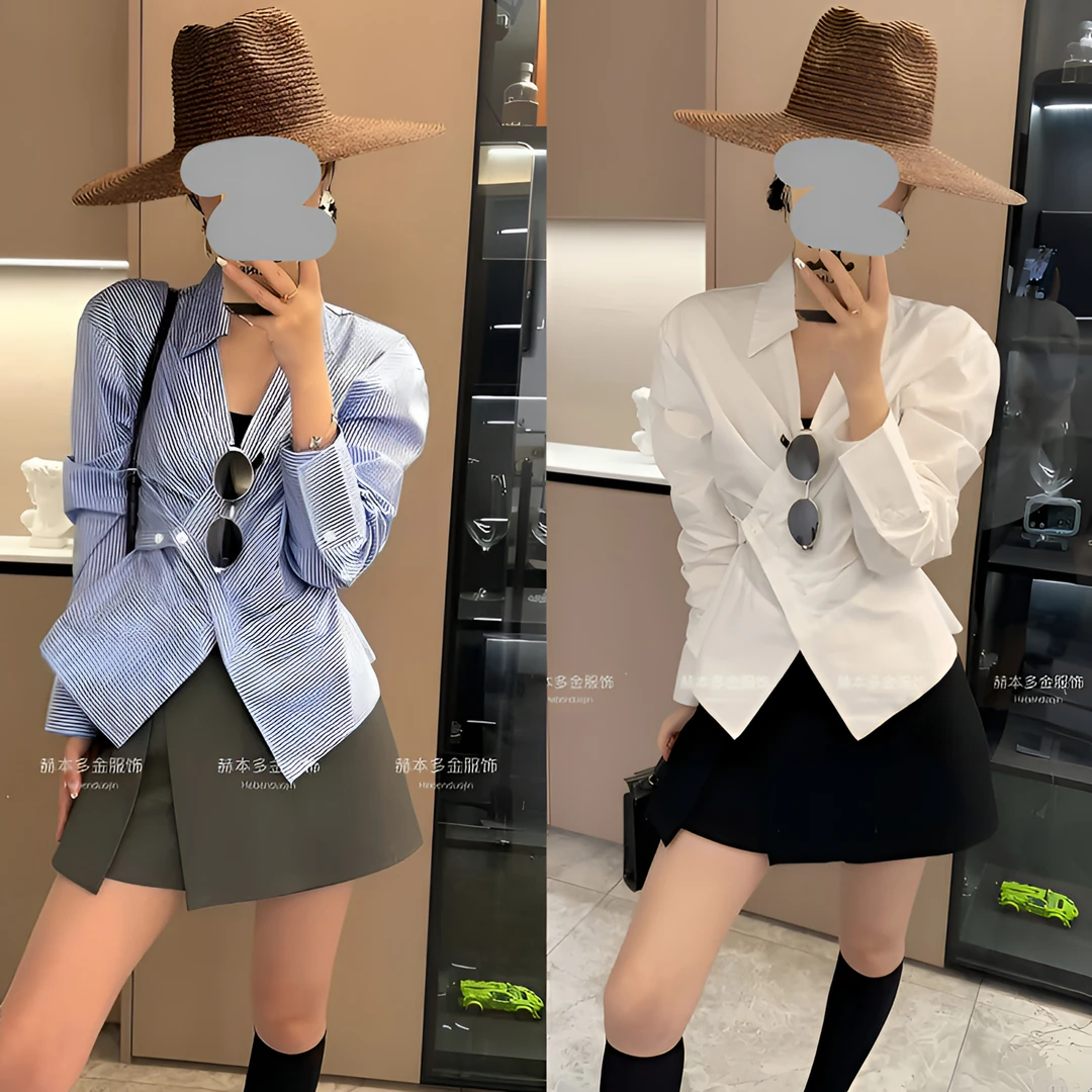 2025春季都市时尚设计感长袖条纹衬衫上衣百搭显瘦短裙裤套装女潮