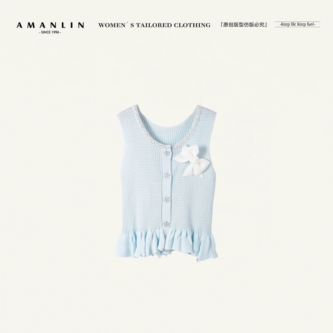 AMANLIN/阿谩琳恋夏风夏季蓝色设计感气质高级感针织上衣D598905