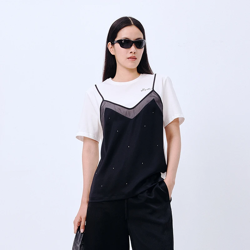 H·GENTEEL荷高2025新款夏装女蕾丝吊带网纱上衣T恤GVF25619532