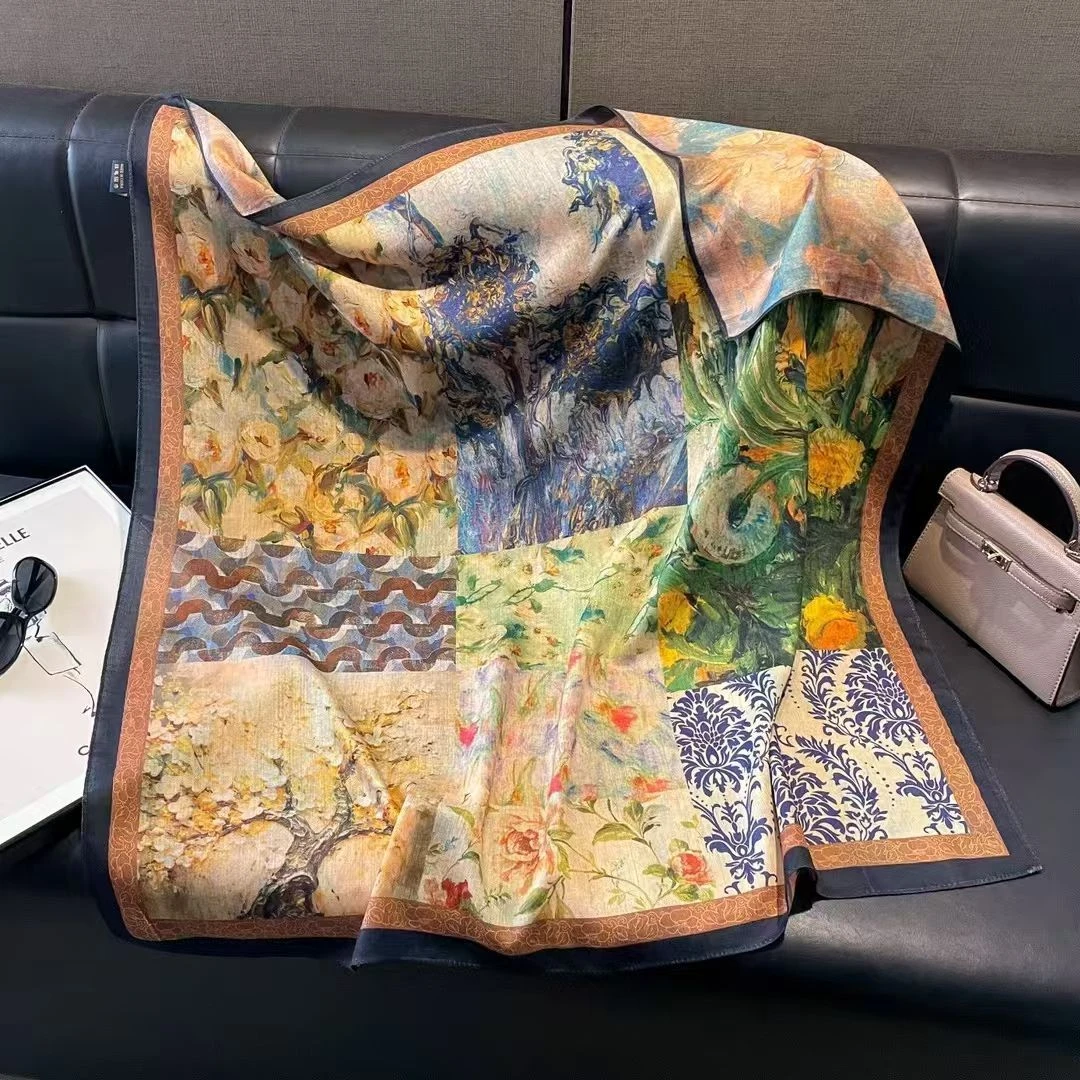 90X90CM丝毛【花海】双面双花方巾X47