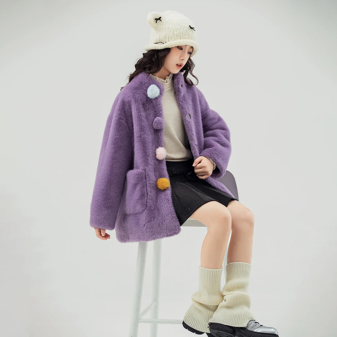 女童高定毛毛外套仿水貂大衣加厚保暖彩色扣子儿童仿皮草短款立领