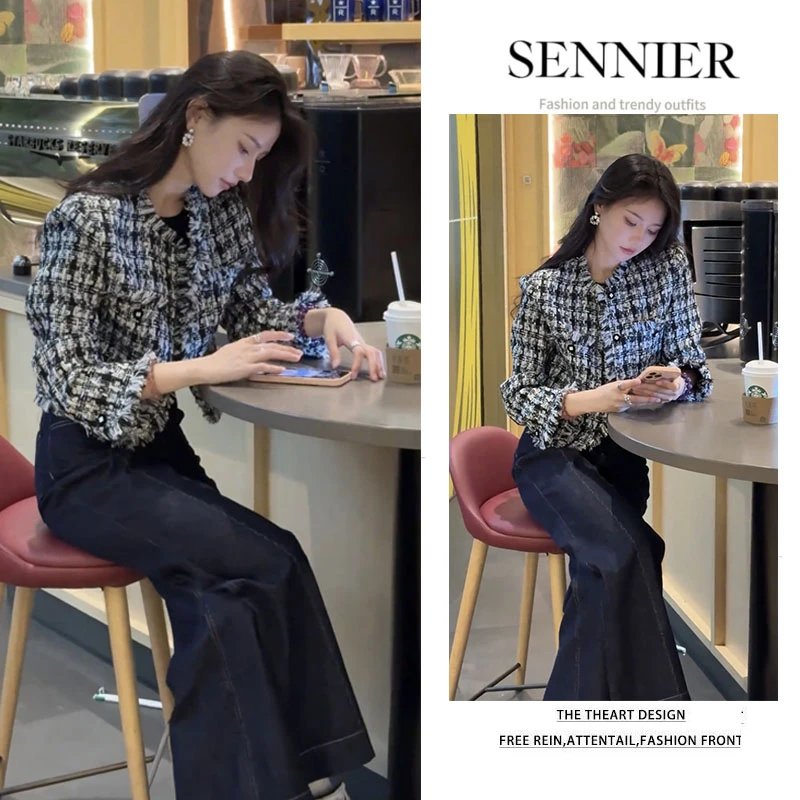 今年流行穿搭一整套2025早秋新款法式小香风格子外套阔腿裤两件套