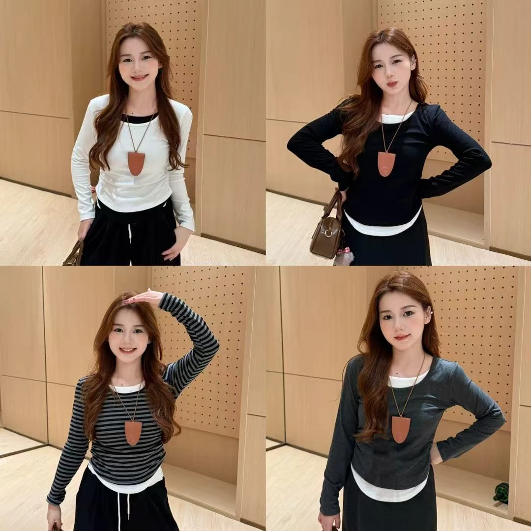 小个子撞色拼接掐腰修身显瘦T恤百搭设计感气质上衣新款打底衫女