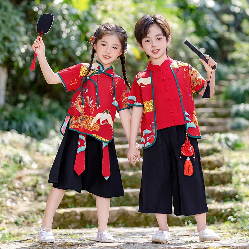儿童时尚中国风汉服夏季新款洋气男生女生六一表演服中式短袖套装