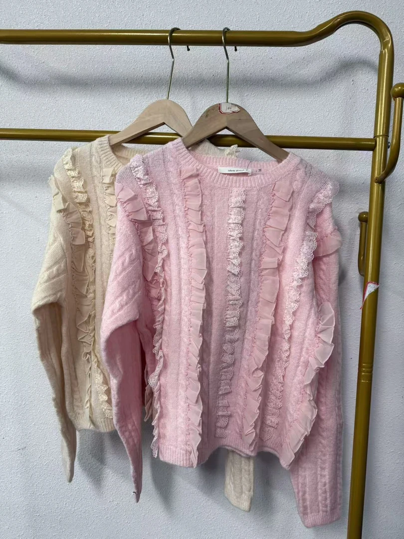 唯琳剪标  7仓S1-8-5105款  木耳边蕾丝圆领针织套头毛衣