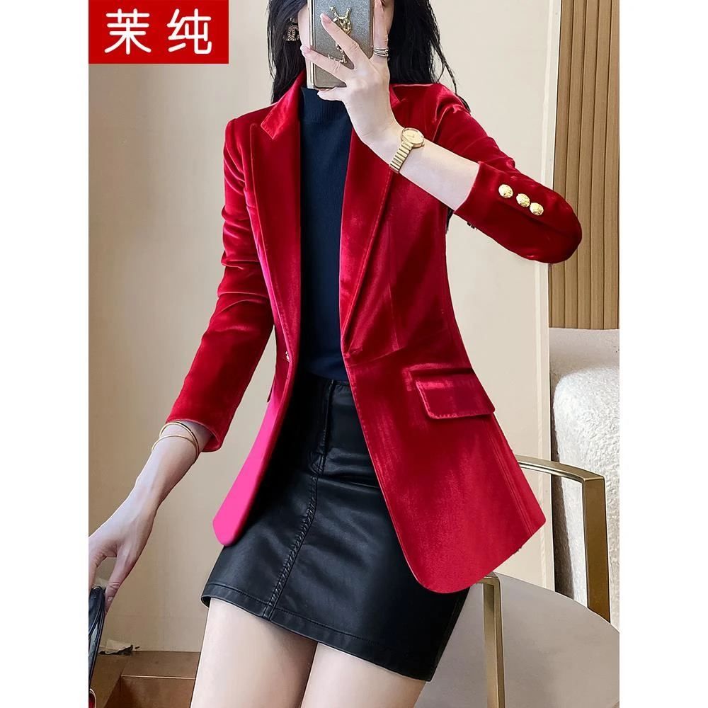 西装外套女秋冬红色收腰加厚金丝绒西服上衣气质女神范职业工作服