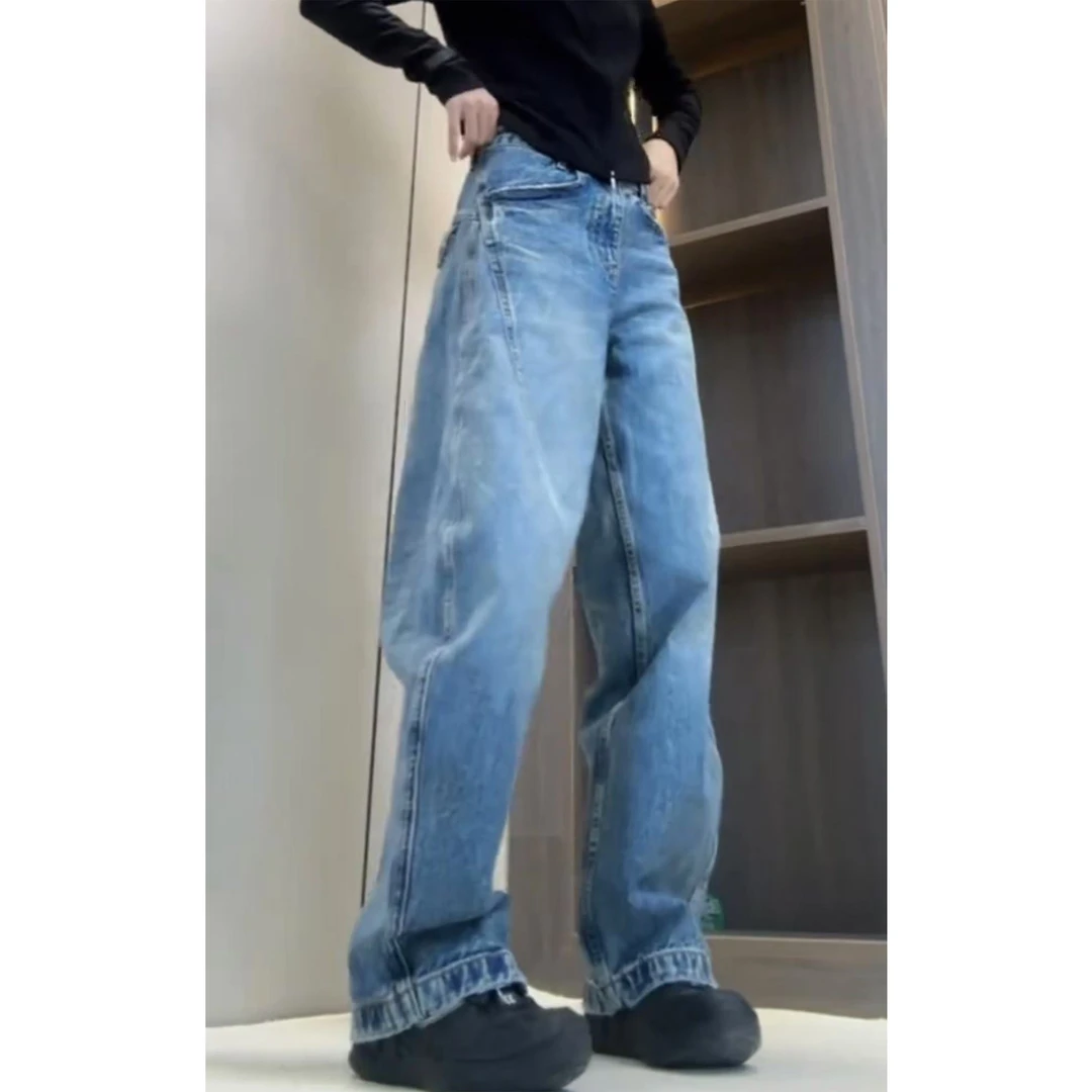 艾塔莉秋季磨破休闲风阔腿裤牛仔裤宽松长裤显瘦百搭休闲风早秋女