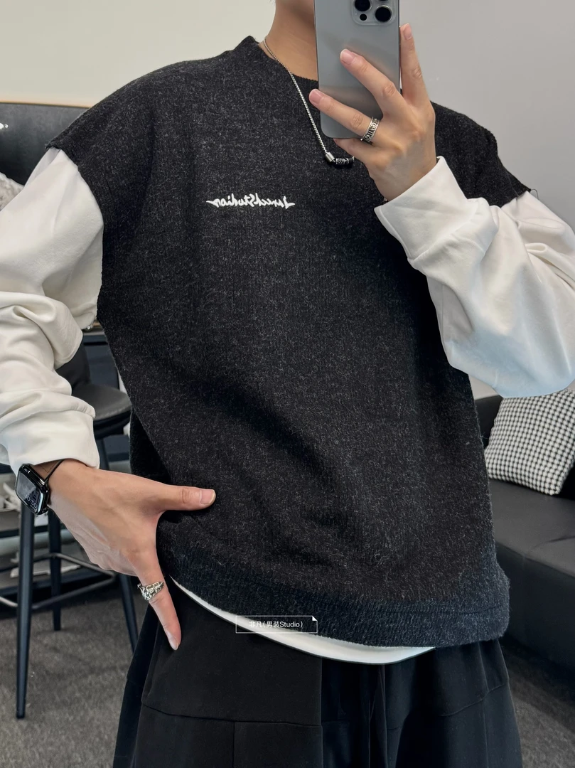 非凡 - 秋季新款时尚潮流假两件拼接设计感宽松圆领卫衣长袖66568