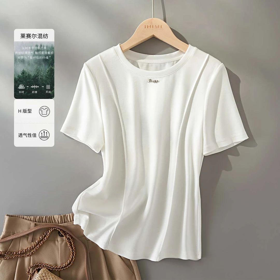 IHIMI/海谧【留白】25秋新款女纯色圆领结构设计感显瘦短袖T恤上衣