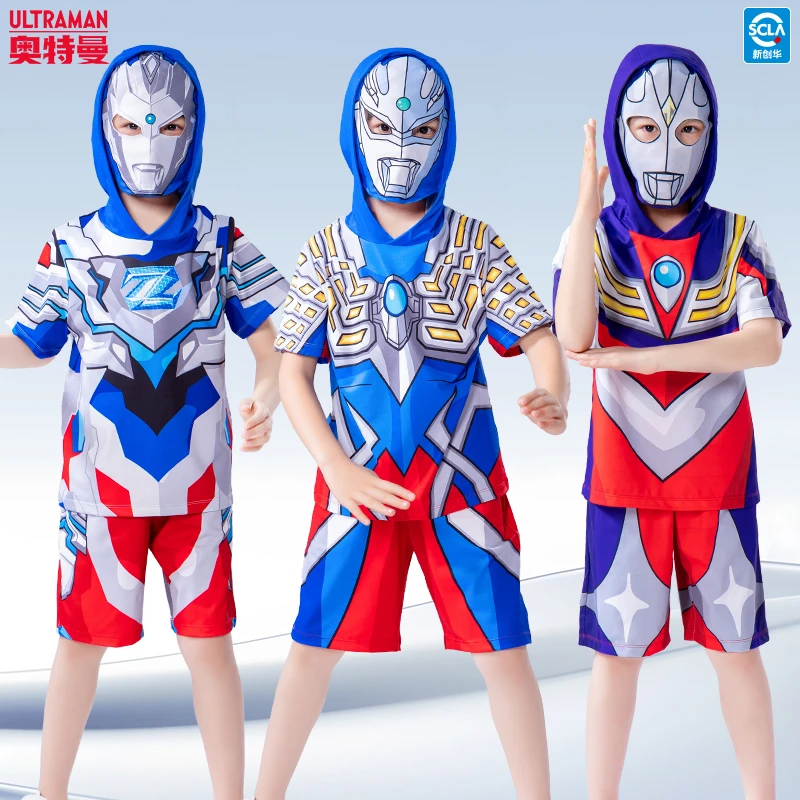 正品奥特曼套装夏季连帽短袖男童夏装套装3-6岁儿童服装潮表演服