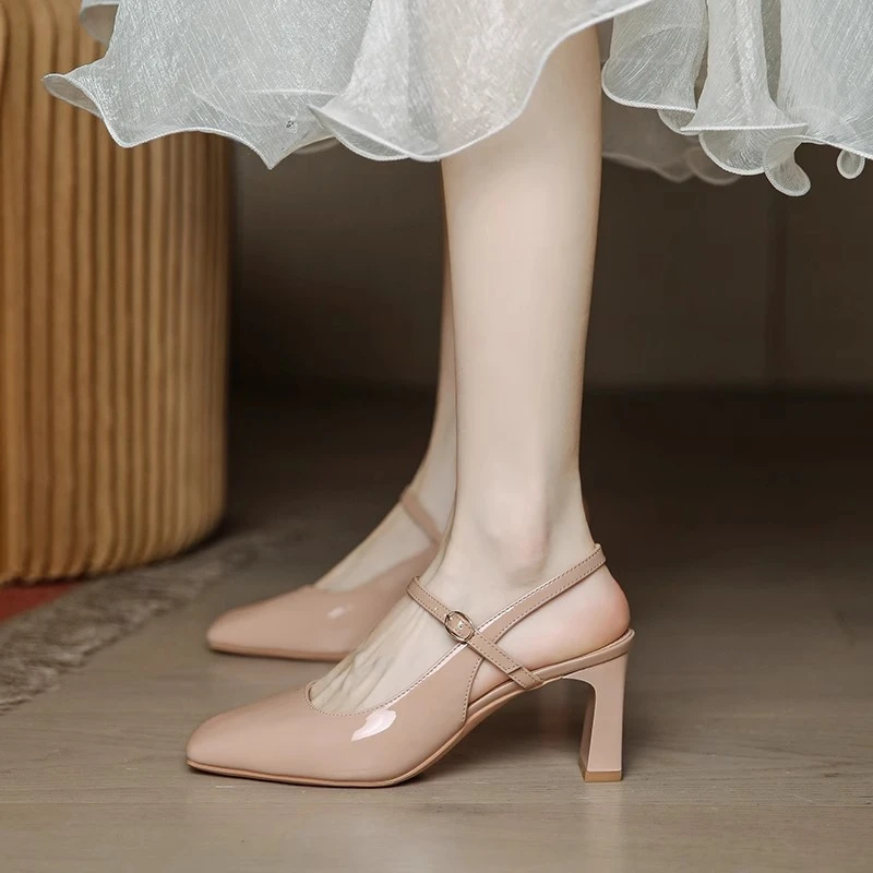 meichen/美晨玛丽珍凉鞋女粗跟2025新款高级感裸粉夏后空高跟鞋女