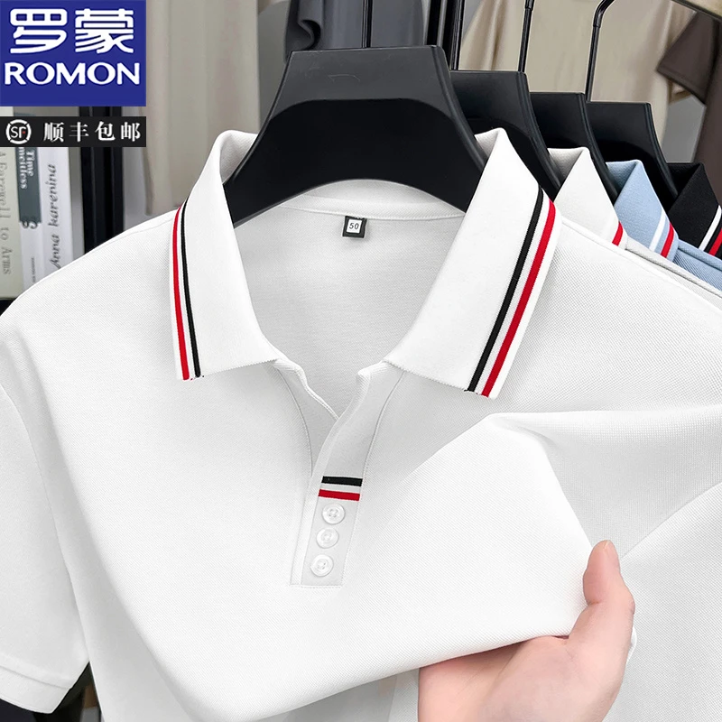 【含桑蚕丝】罗蒙夏季新款男士时尚T恤宽松透气中年短袖商务POLO衫