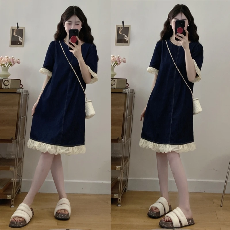 MO88ZSPF大码小众高级感牛仔短袖连衣裙夏季设计感拼接撞色短裙