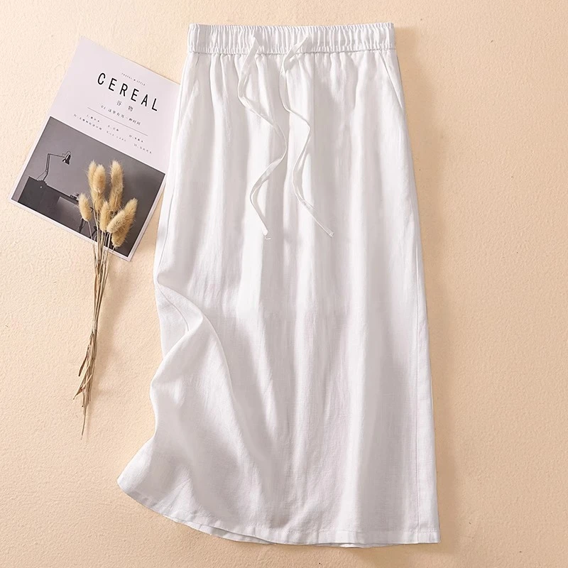 白色亚麻半身裙女夏薄款2025新款天丝开叉a字裙苎麻中长款直筒裙