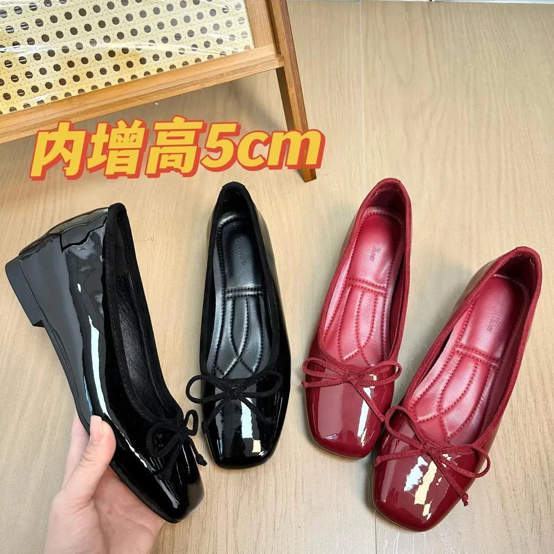 小香风蝴蝶结气质单鞋女内增高5CM 方头韩版浅口白搭软底芭蕾鞋女