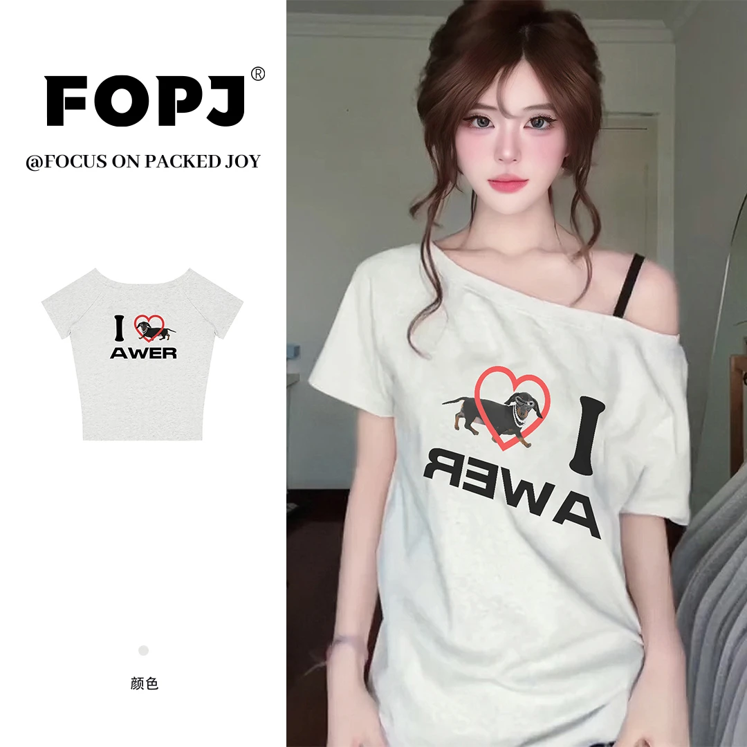FOPJ美式印花斜肩短袖T恤慵懒风夏季新款宽松别致显瘦设计上衣ins