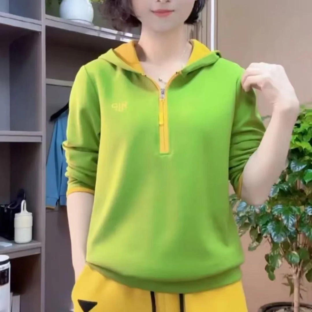 春款上衣半拉链拼色连帽纯色时尚洋气百搭休闲宽松显瘦卫衣长袖