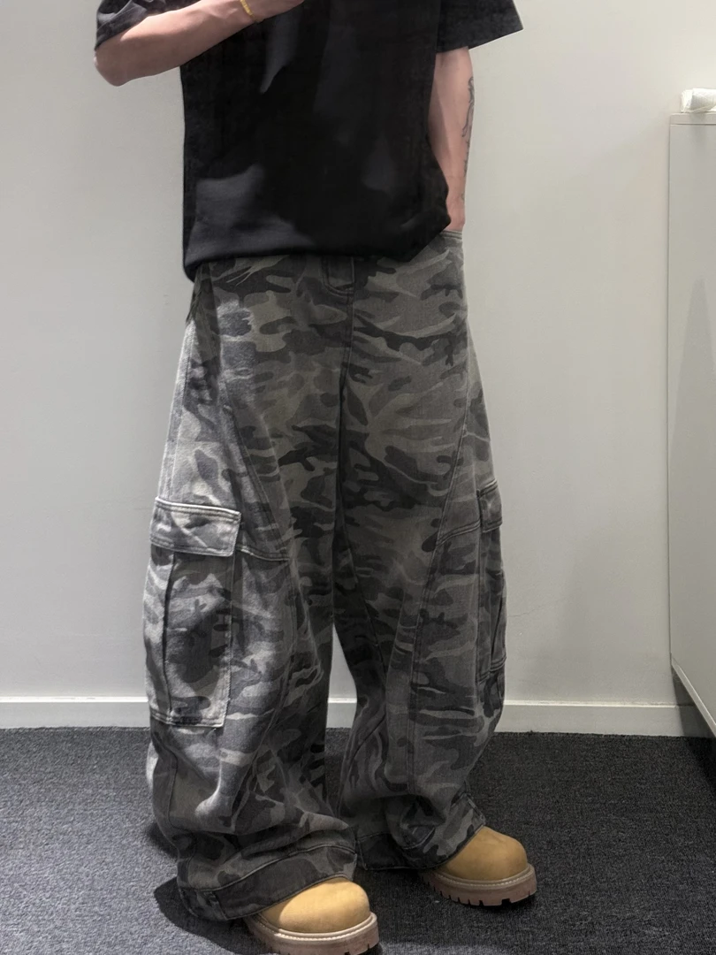 阿腾美式复古多口袋迷彩弯刀牛仔裤男女设计感宽松阔腿工装裤子
