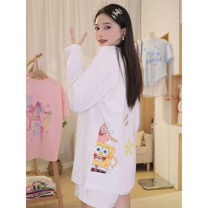 阿颖日记【808】创意卡通印花纯棉长袖T恤女春秋内搭打底衫宽松上衣