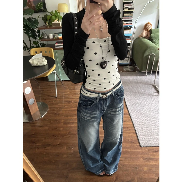 美式复古假两件坎肩抹胸长袖t恤女初冬修身设计感百搭休闲上衣潮