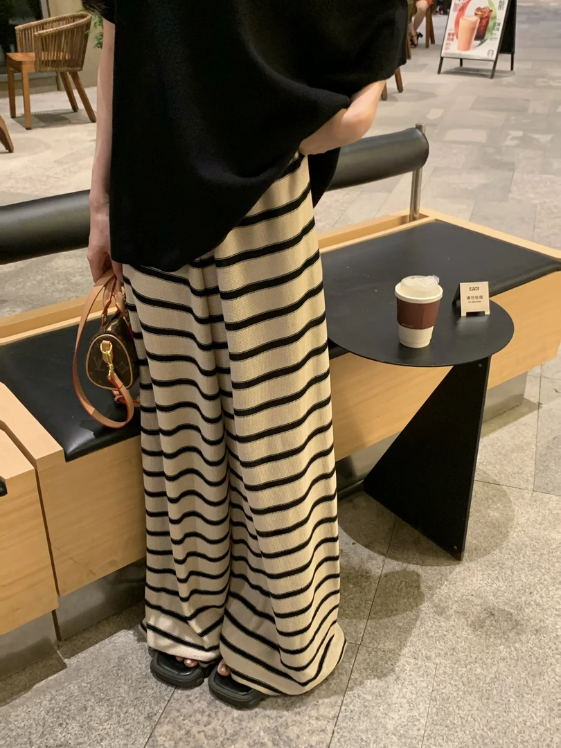 6128#新品斑马条纹针织阔腿裤女夏季松弛感垂感显瘦休闲裤