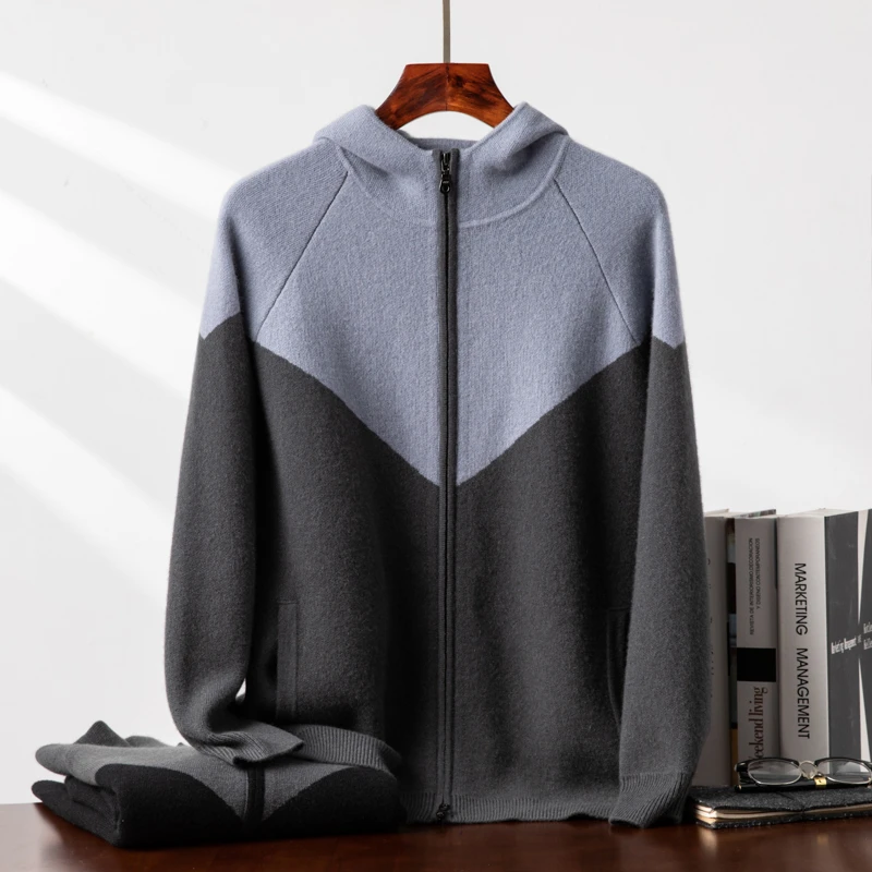 【不议价】695克特厚100%纯羊绒开衫男连帽休闲羊绒衫针织拉链外套