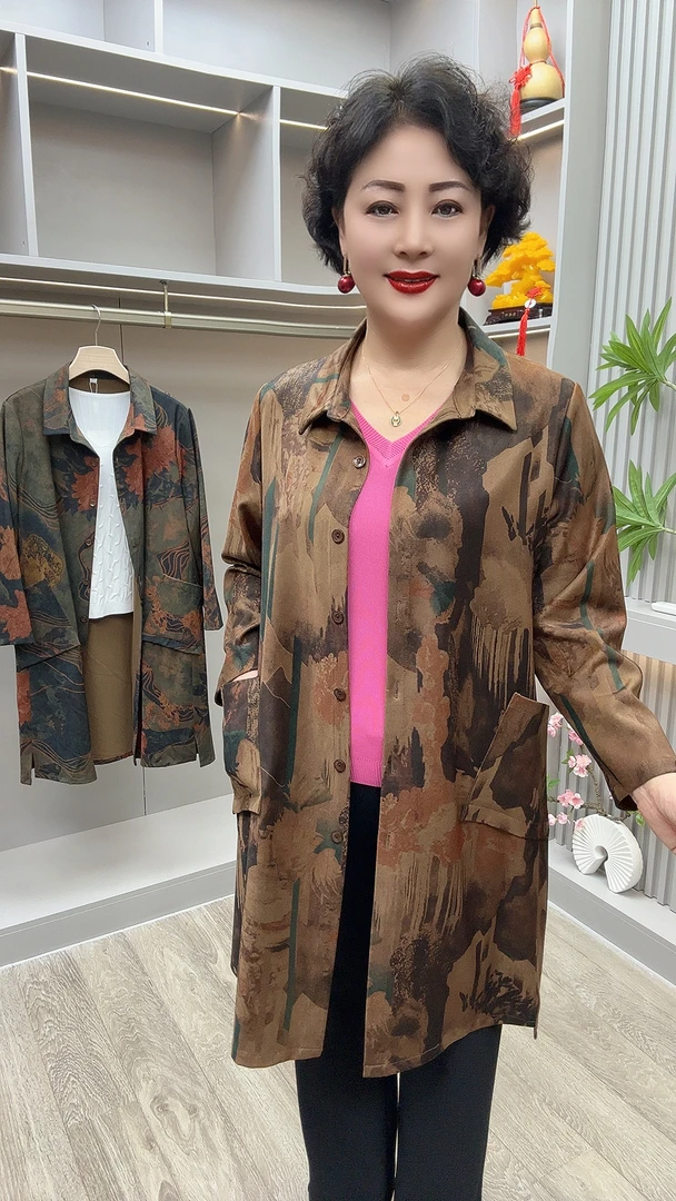 CF#25-19时尚洋气中长款花风衣，衣长95