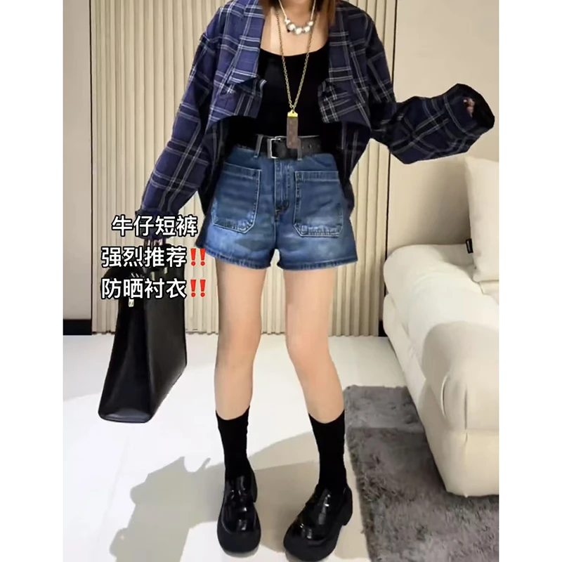 复古蓝色牛仔短裤女夏季高腰显瘦胖mm大码宽松直筒a字阔腿五分裤