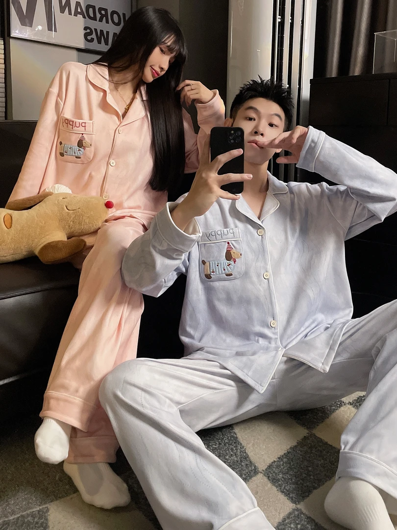 德绒情侣睡衣秋冬季卡通腊肠狗长袖春秋款一男一女保暖家居服套装