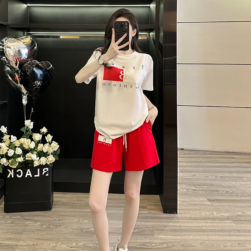 短袖套装女夏季2025新款韩版宽松减龄洋气时尚炸街休闲短裤两件套