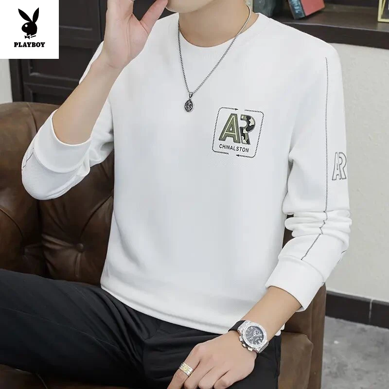 花花公子潮流男士恤男装长袖宽松新款纯色上衣字母休闲百搭韩版