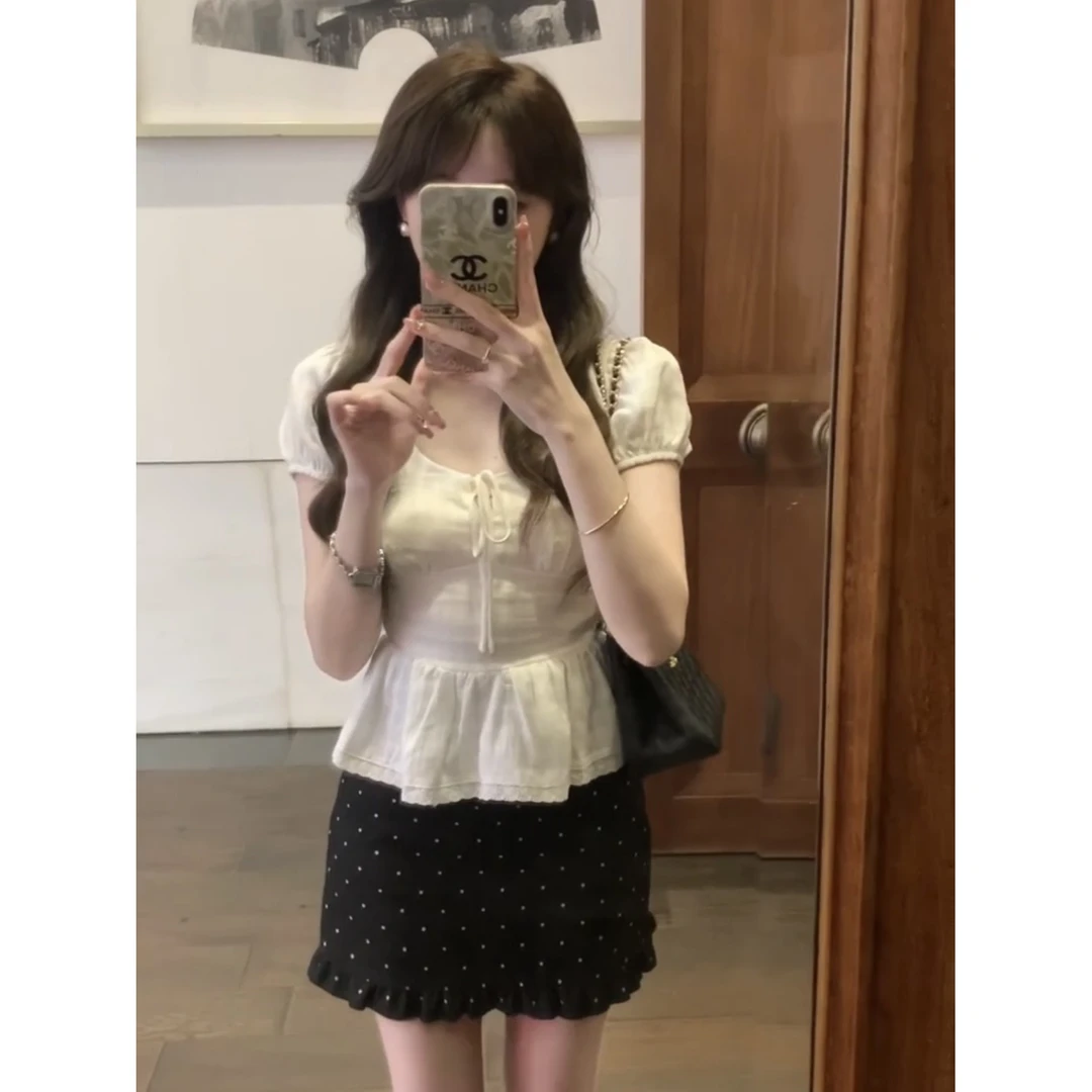 韩系甜美荷叶边短袖t恤女夏季温柔风泡泡袖小衫宽松显瘦漂亮上衣