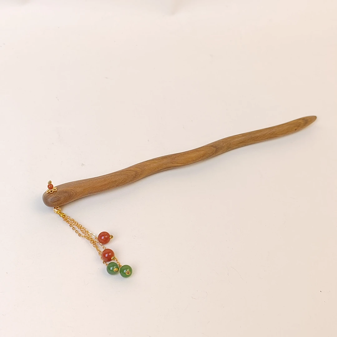 阿根廷绿檀和田玉南红原创发簪