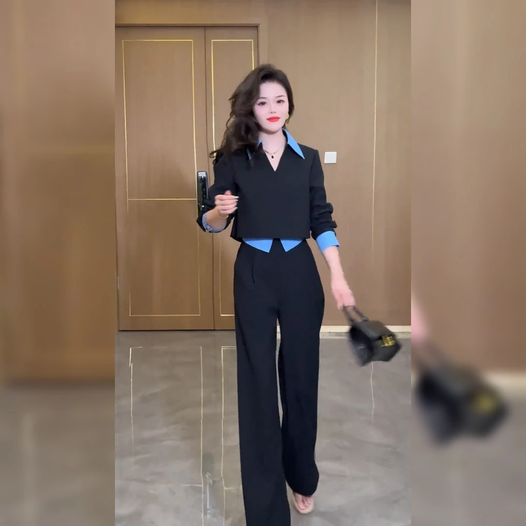 欧货时尚休闲运动套装2025春秋新款设计感假两件上衣+宽松阔腿裤