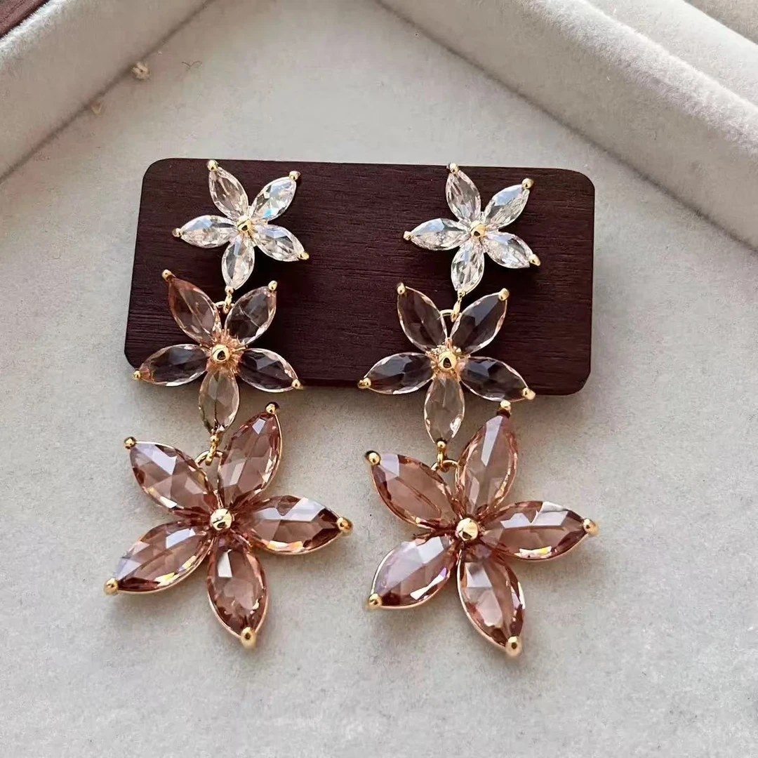 铜合金锆石耳饰 2431气质百搭法式复古中古简约耳钉长款花耳饰