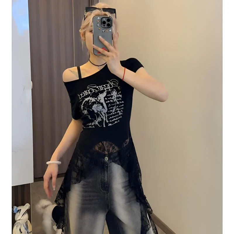 美式炸街蕾丝拼接斜肩印花短袖女2025夏新款设计感小众通勤上衣潮