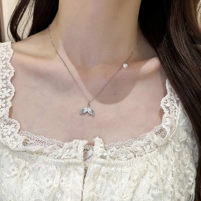 铜项链 法式水晶鱼尾珍珠项链轻奢小众设计高级锁骨链精致少女风