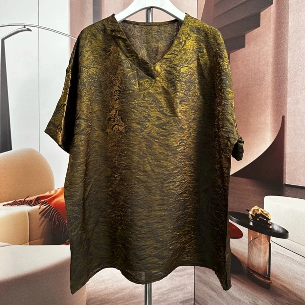 简约国风印花2025新款时尚洋气宽松百搭减龄印花妈妈装打底上衣湖