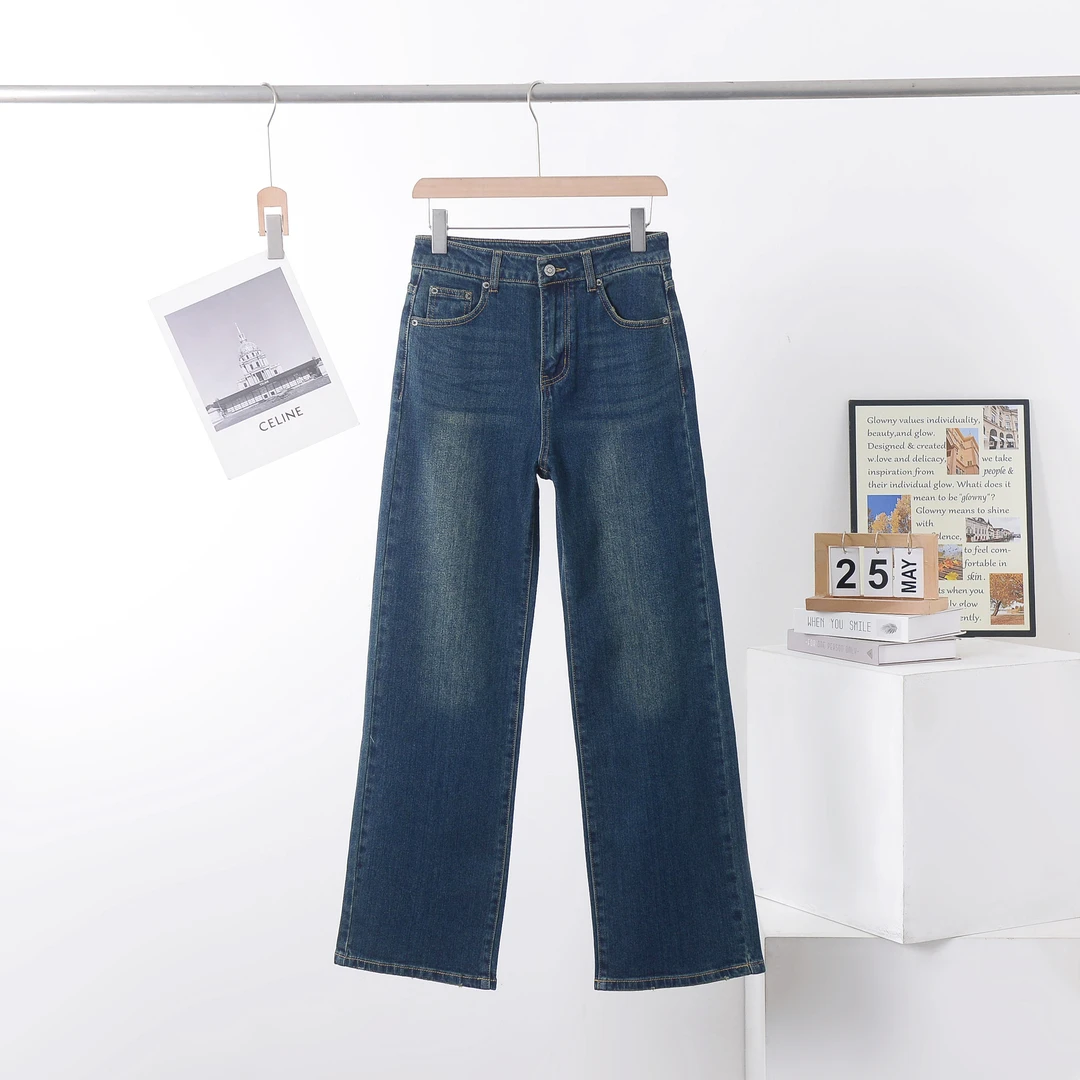 25年新品水洗做旧棉质复古阔腿裤时尚气质显瘦挺阔牛仔裤长裤女