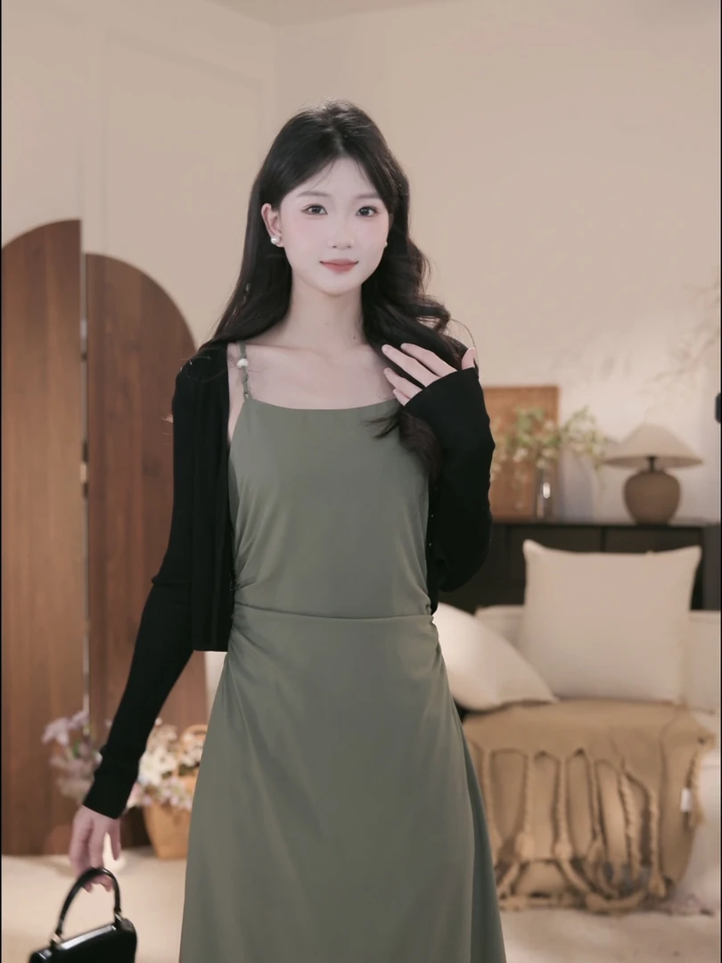 鹿向南「一抹春」法式女春夏清冷感收腰吊带连衣裙开衫DYL661674