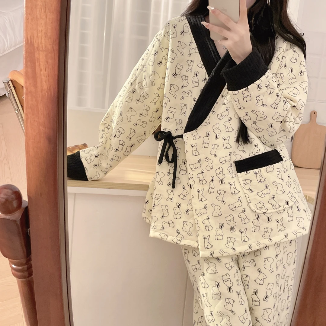 秋冬季空气棉加厚月子服孕妇睡衣夹层大码哺乳产后待产家居服套装